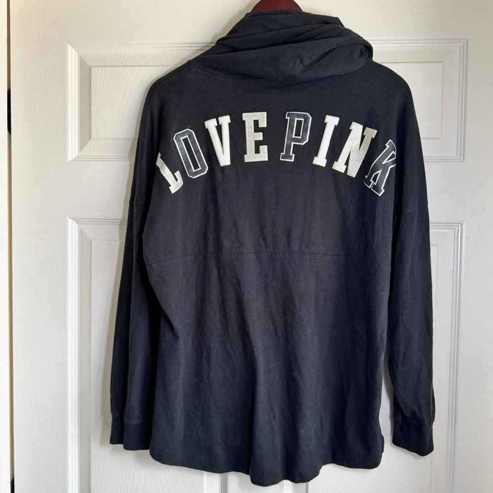 PINK Victoria's Secret Black Glitter Logo Hooded Long Sleeve Tee Shirt Womens S - Picture 14 of 14